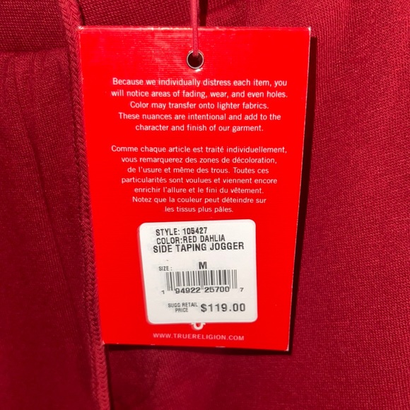 NEW RED TRUE RELIGION SWEAT PANTS size MEDIUM - Picture 3 of 3